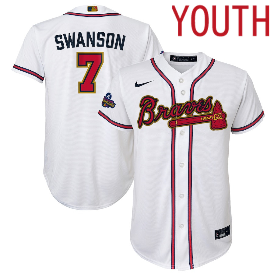 Custom Youth Atlanta Braves #7 Dansby Swanson Nike White 2022 Gold Program Replica Player MLB Jersey